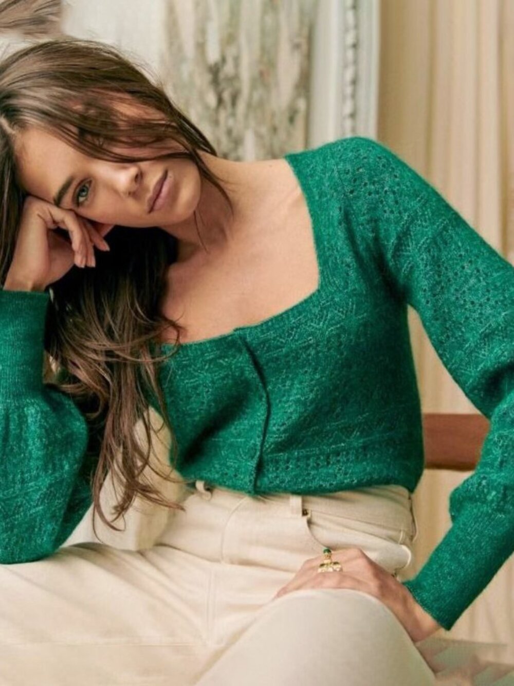 EUC Sezane Esmee Mohair Wool Square Neck Cardigan Emerald Green XXS